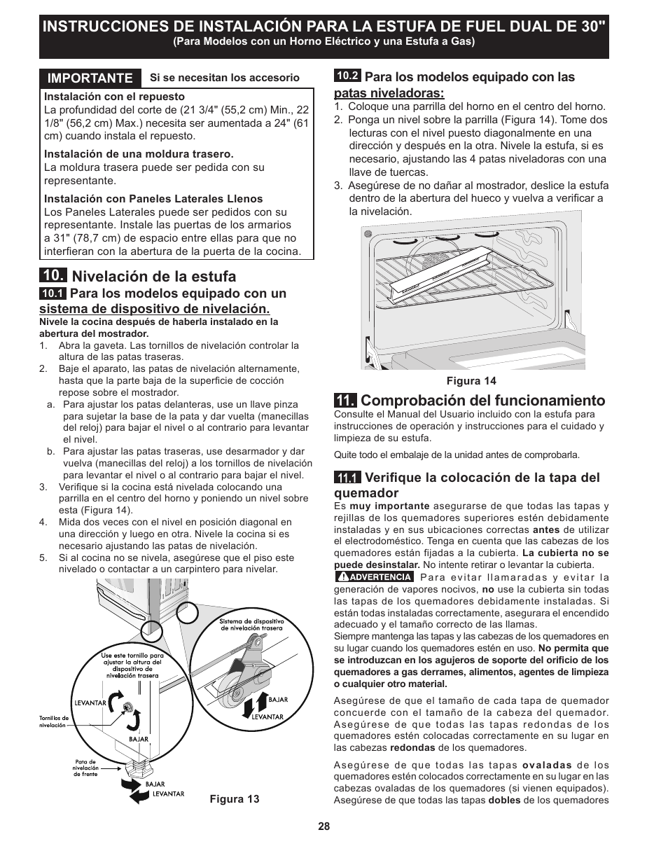 Comprobación del funcionamiento, Nivelación de la estufa | FRIGIDAIRE FPDS3085PF User Manual | Page 28 / 48