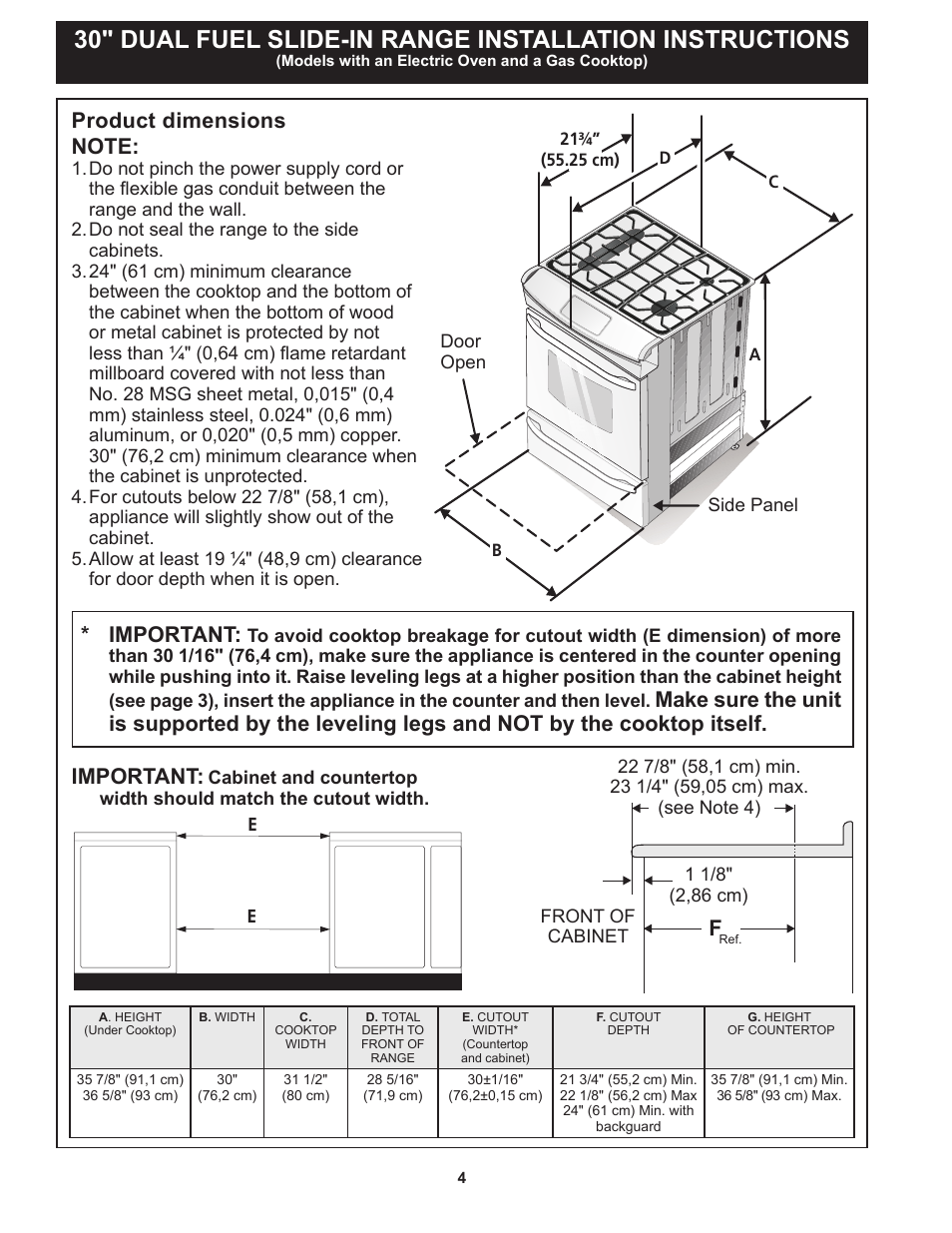 Important, Product dimensions | FRIGIDAIRE FPDS3085PF User Manual | Page 4 / 48