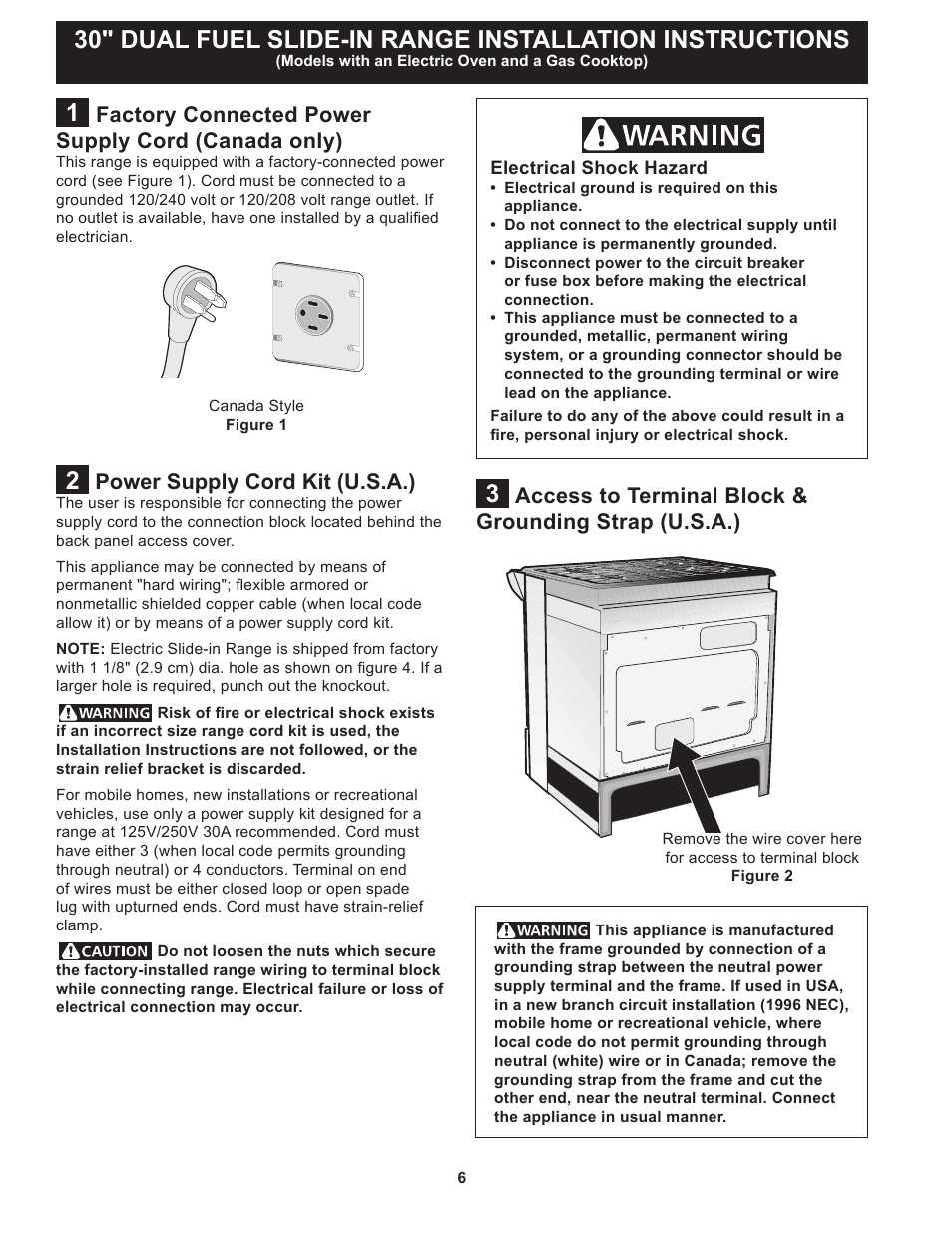 Power supply cord kit (u.s.a.), Factory connected power supply cord (canada only) | FRIGIDAIRE FPDS3085PF User Manual | Page 6 / 48
