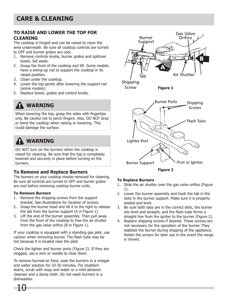 Care & cleaning, Warning | FRIGIDAIRE FFGC3603LW User Manual | Page 10 / 12