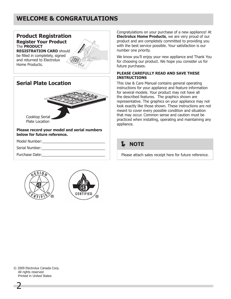 Product registration, Serial plate location | FRIGIDAIRE FFGC3603LW User Manual | Page 2 / 12