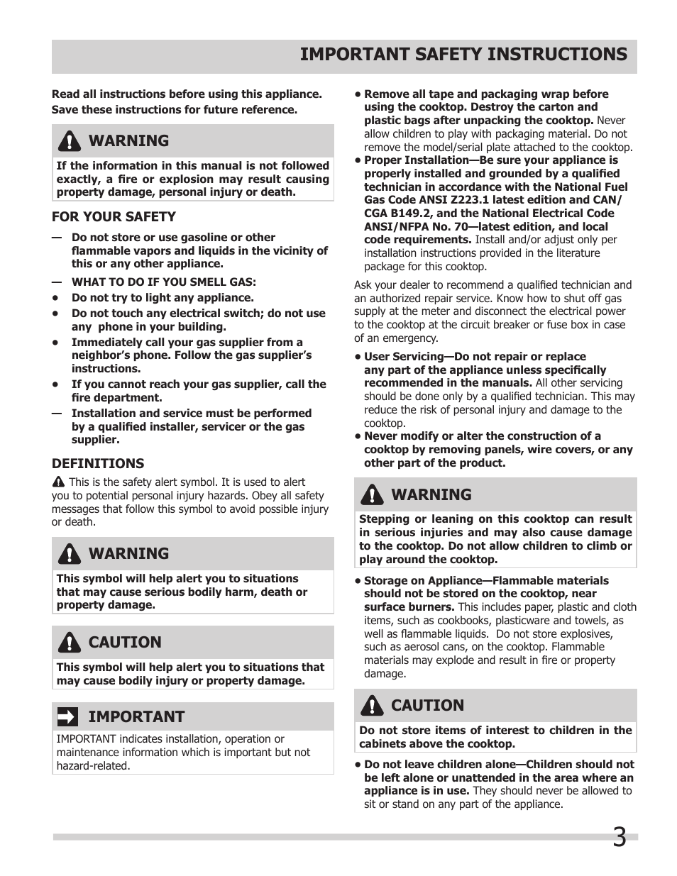 Important safety instructions, Warning, Important | Caution | FRIGIDAIRE FFGC3603LW User Manual | Page 3 / 12