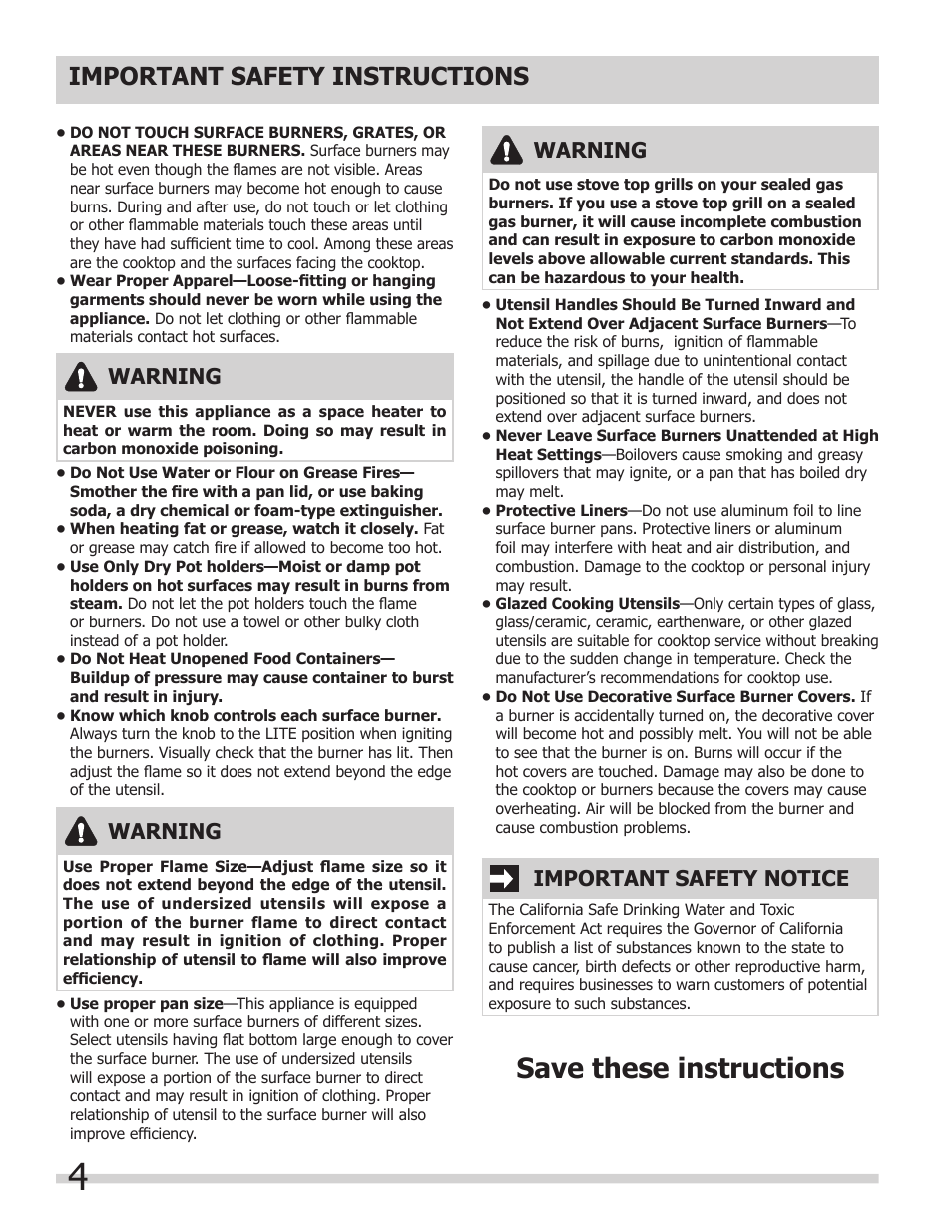 Save these instructions, Important safety instructions, Important safety notice | Warning | FRIGIDAIRE FFGC3603LW User Manual | Page 4 / 12