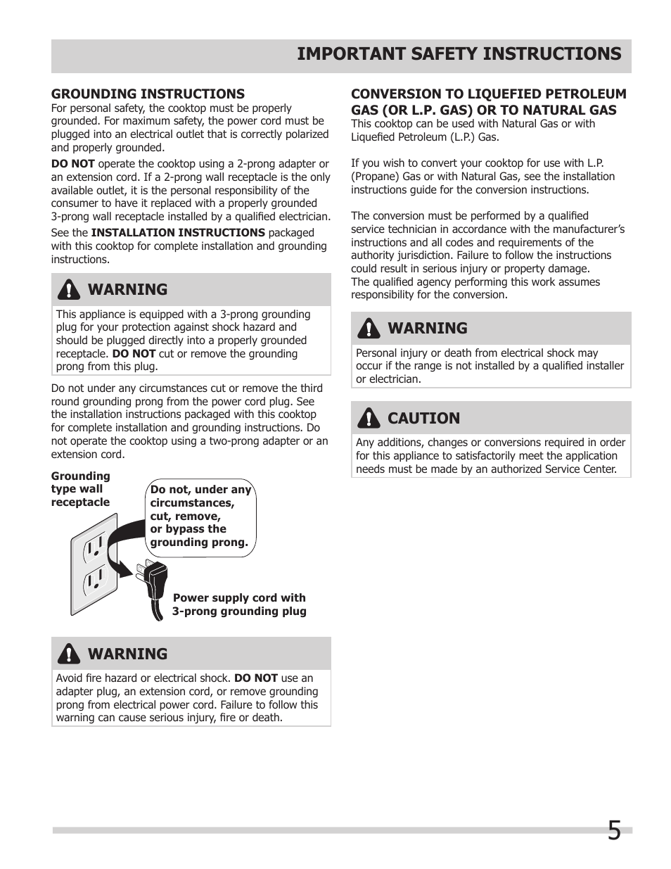 Important safety instructions, Warning, Caution | FRIGIDAIRE FFGC3603LW User Manual | Page 5 / 12