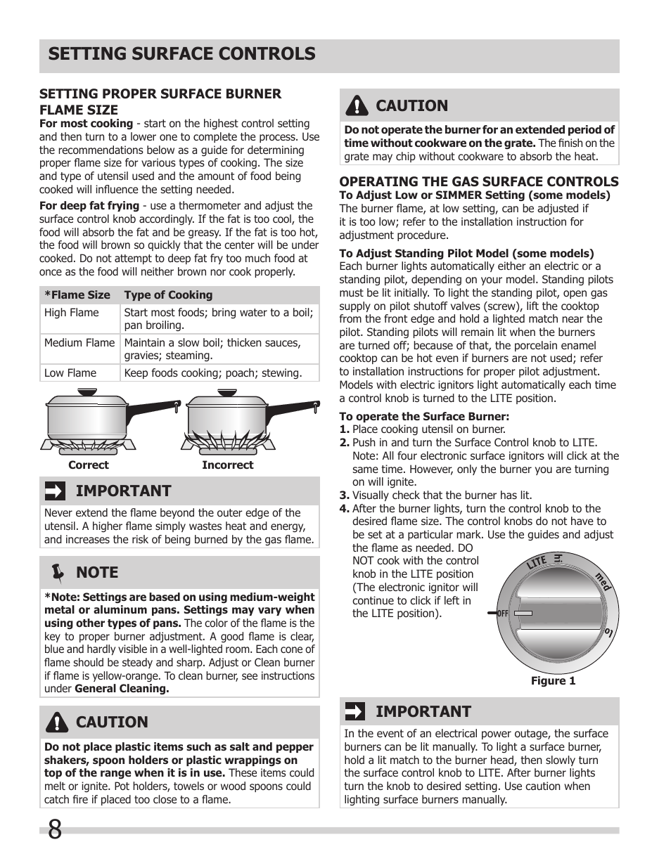 Setting surface controls, Important, Caution | FRIGIDAIRE FFGC3603LW User Manual | Page 8 / 12