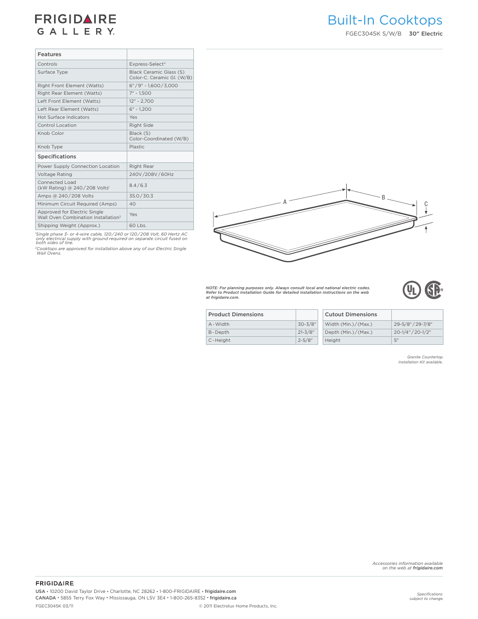 Drop-in electric cooktops frigidaire baseline, Built-in cooktops | FRIGIDAIRE FGEC3045KW User Manual | Page 2 / 5