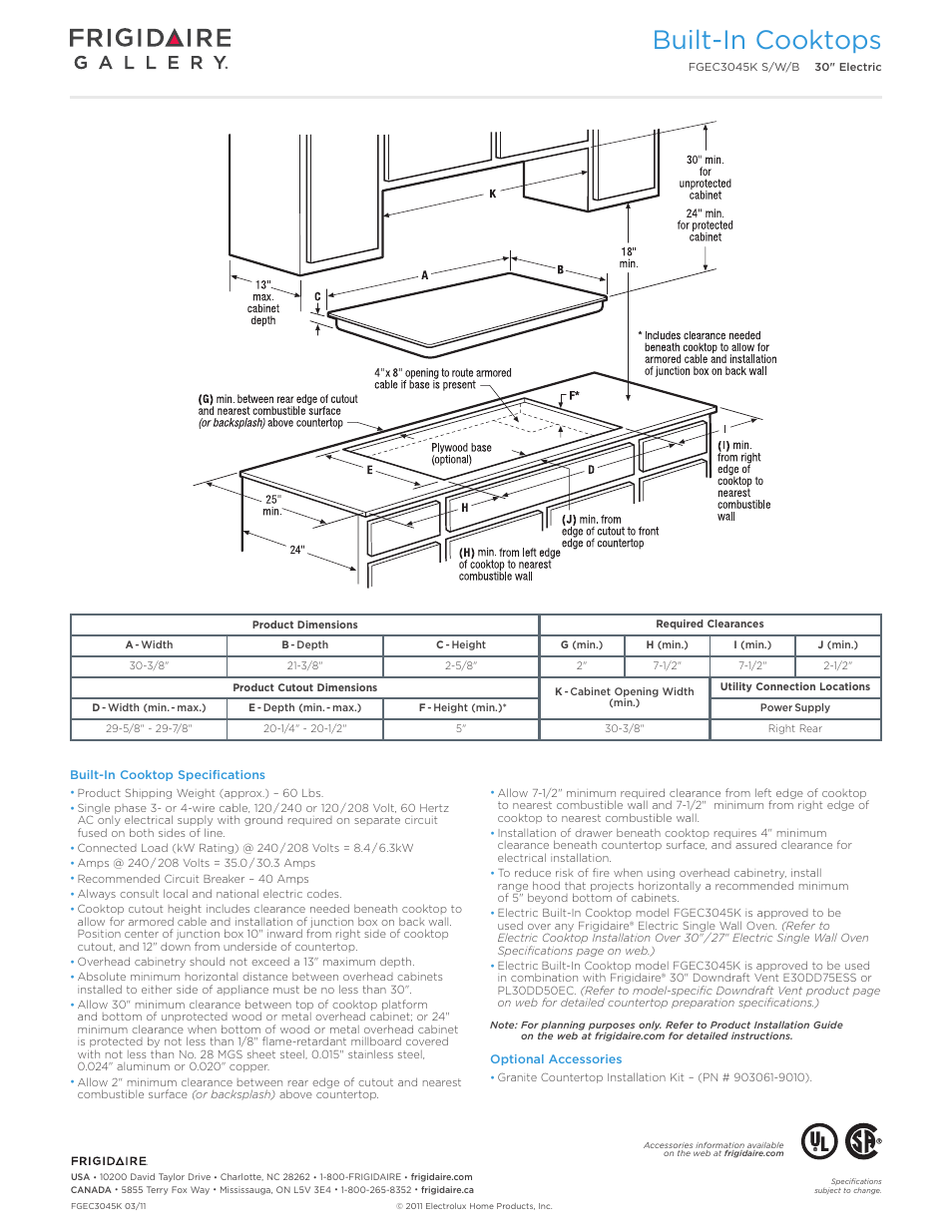 Drop-in induction / electric cooktops, Professional / gallery / baseline, Built-in cooktops | Callouts must be charted per individual model) | FRIGIDAIRE FGEC3045KW User Manual | Page 3 / 5