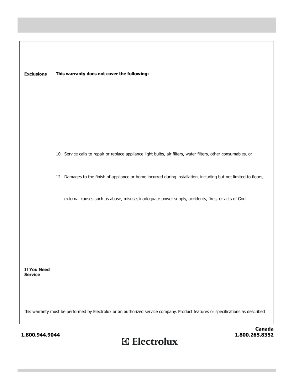Major appliance warranty information, Major appliance warranty | FRIGIDAIRE FFWC3822QS User Manual | Page 12 / 12