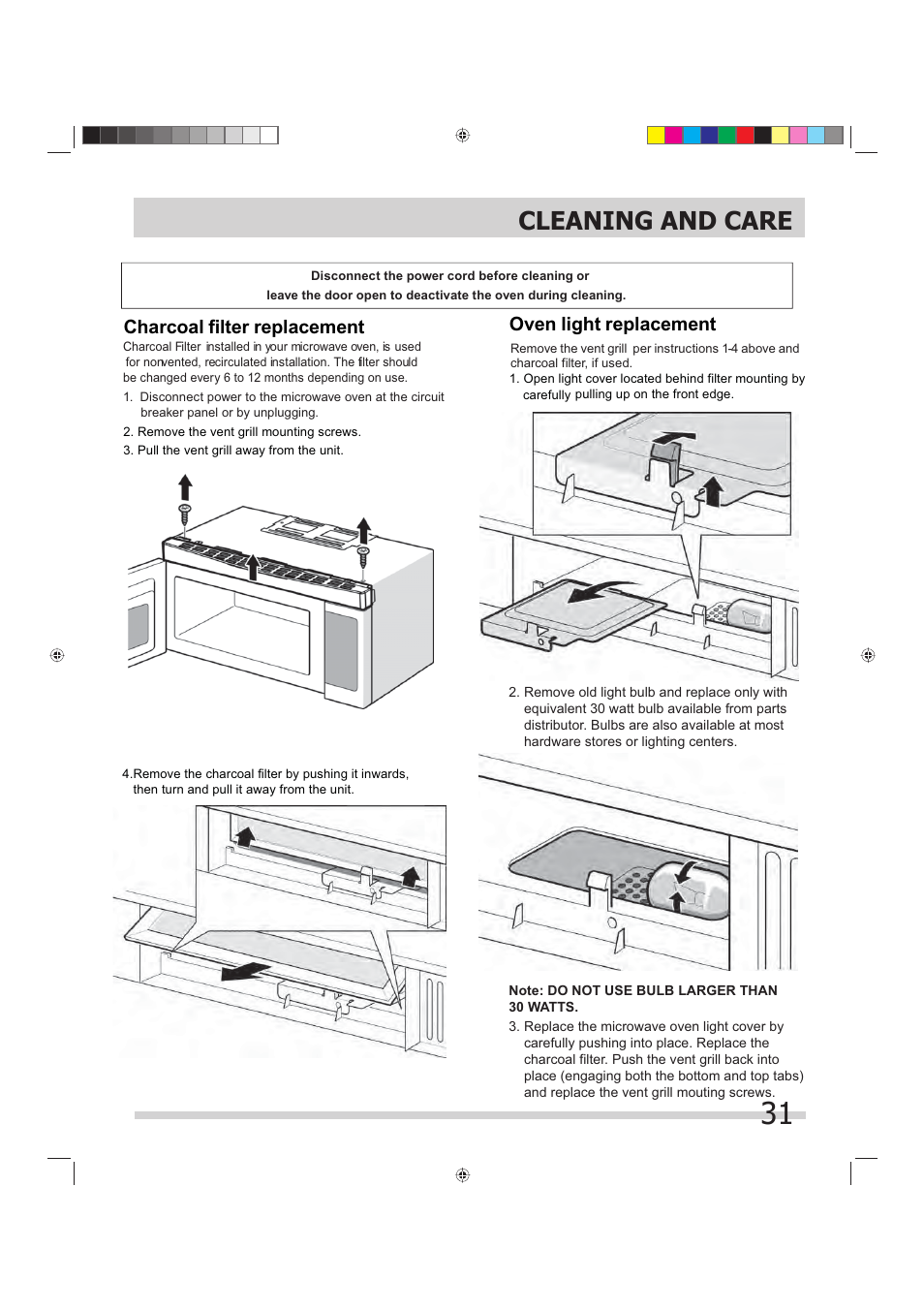 Cleaning and care, Charcoal filter replacement oven light replacement | FRIGIDAIRE FGMV175QF User Manual | Page 31 / 33