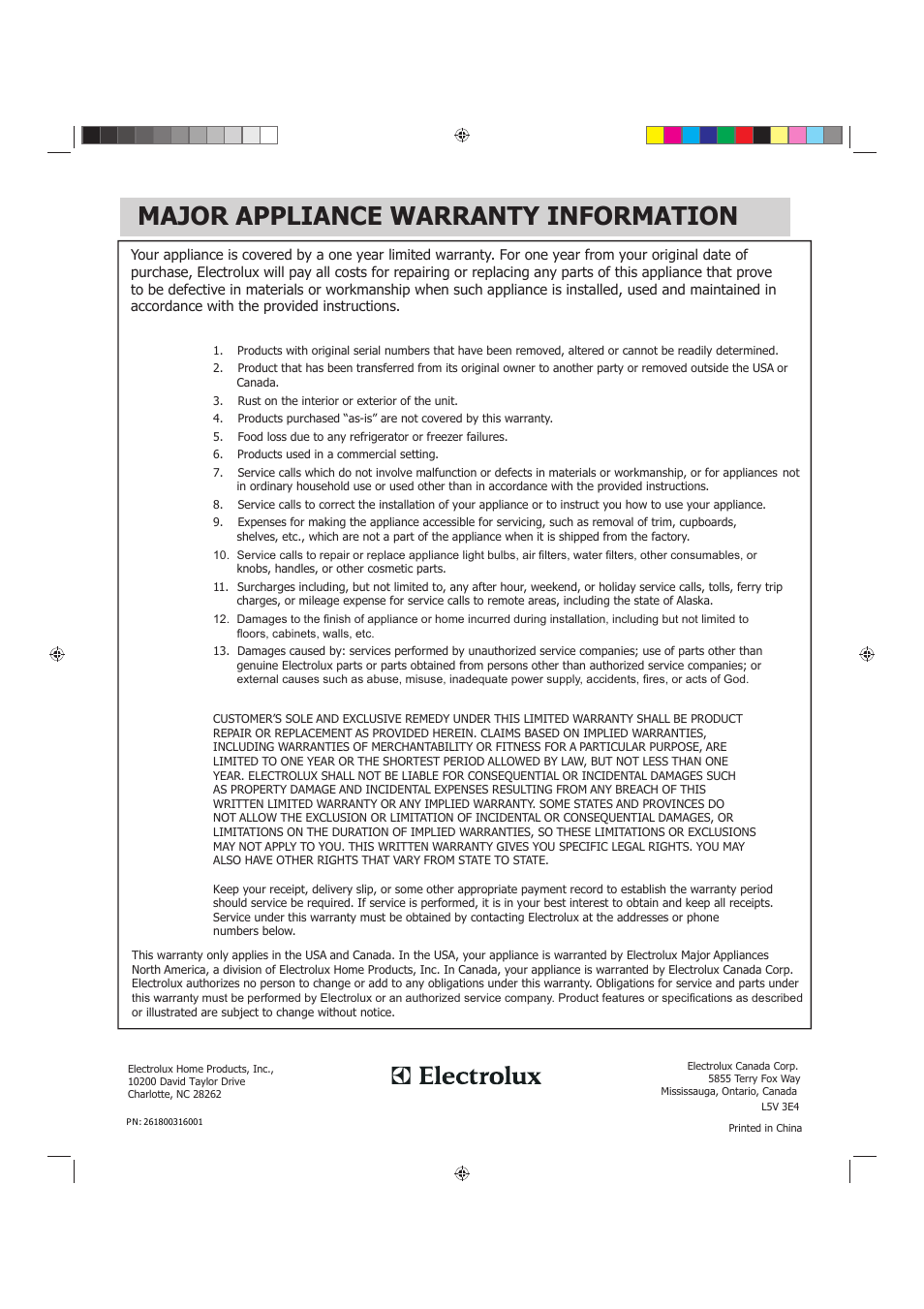 Major appliance warranty information | FRIGIDAIRE FGMV175QF User Manual | Page 33 / 33