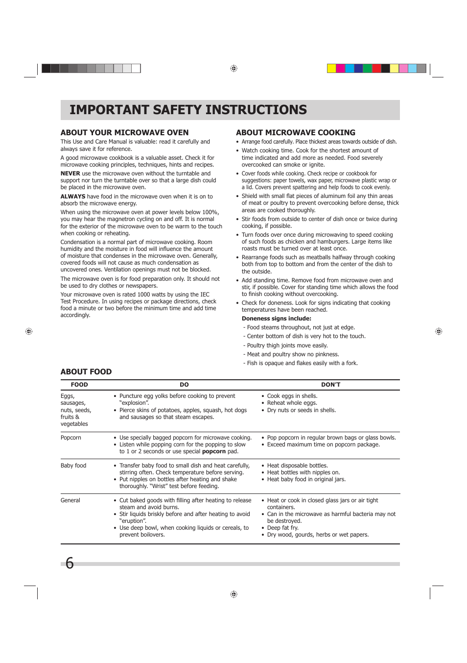 Important safety instructions, About your microwave oven, About microwave cooking | About food | FRIGIDAIRE FGMV175QF User Manual | Page 6 / 33