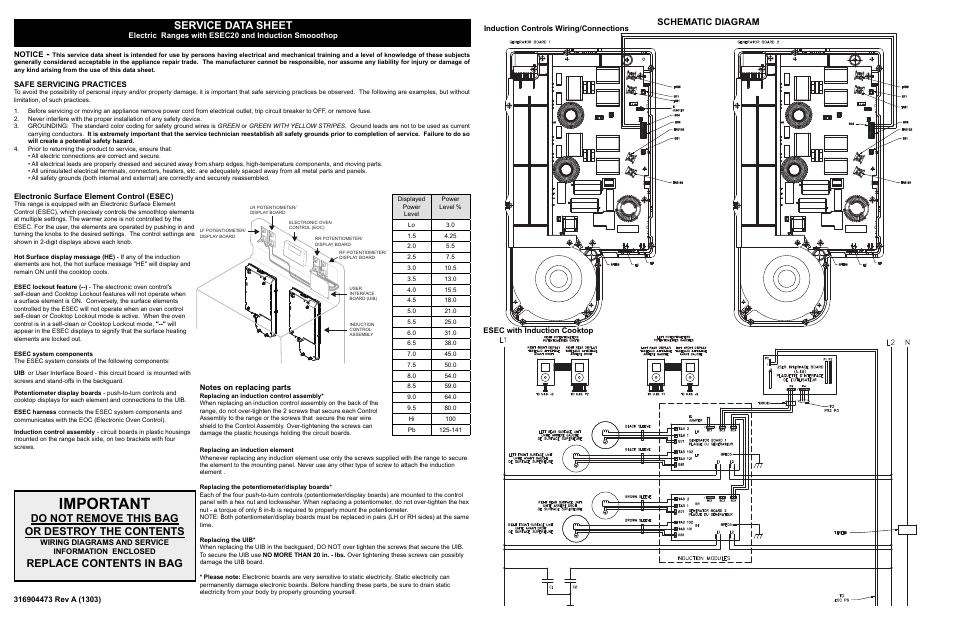 Important, Do not remove this bag or destroy the contents, Replace contents in bag | Service data sheet, Schematic diagram | FRIGIDAIRE FGIF3061NF User Manual | Page 3 / 4