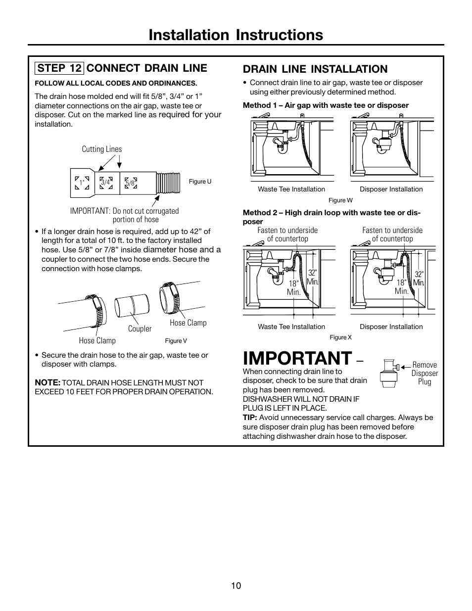 Important, Installation instructions, Drain line installation | Step 12 connect drain line | FRIGIDAIRE FFBD1821MB User Manual | Page 10 / 12