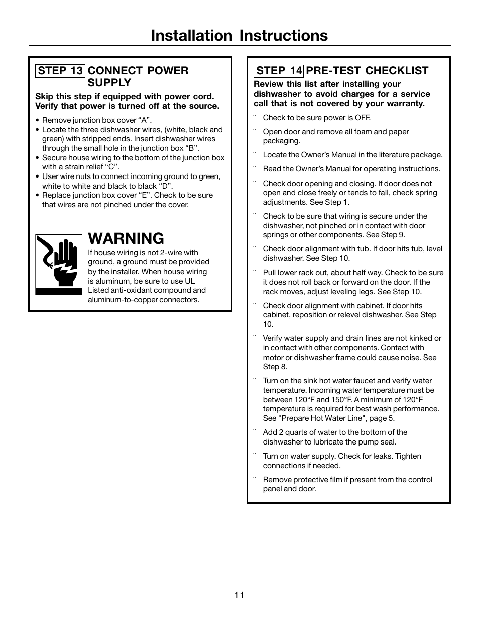 Installation instructions, Warning, Step 14 pre-test checklist | Step 13 connect power supply | FRIGIDAIRE FFBD1821MB User Manual | Page 11 / 12