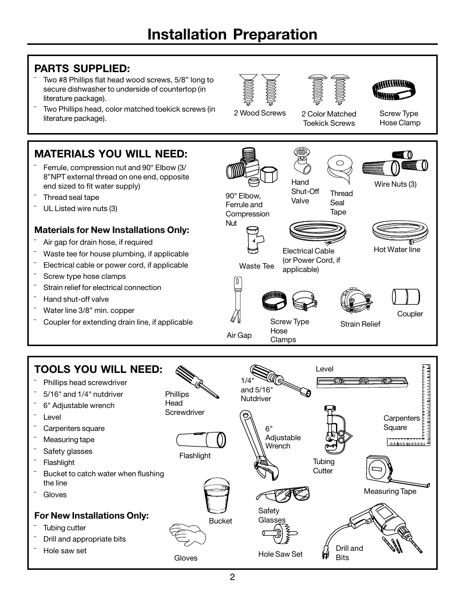 Installation preparation, Tools you will need, Parts supplied | Materials you will need | FRIGIDAIRE FFBD1821MB User Manual | Page 2 / 12