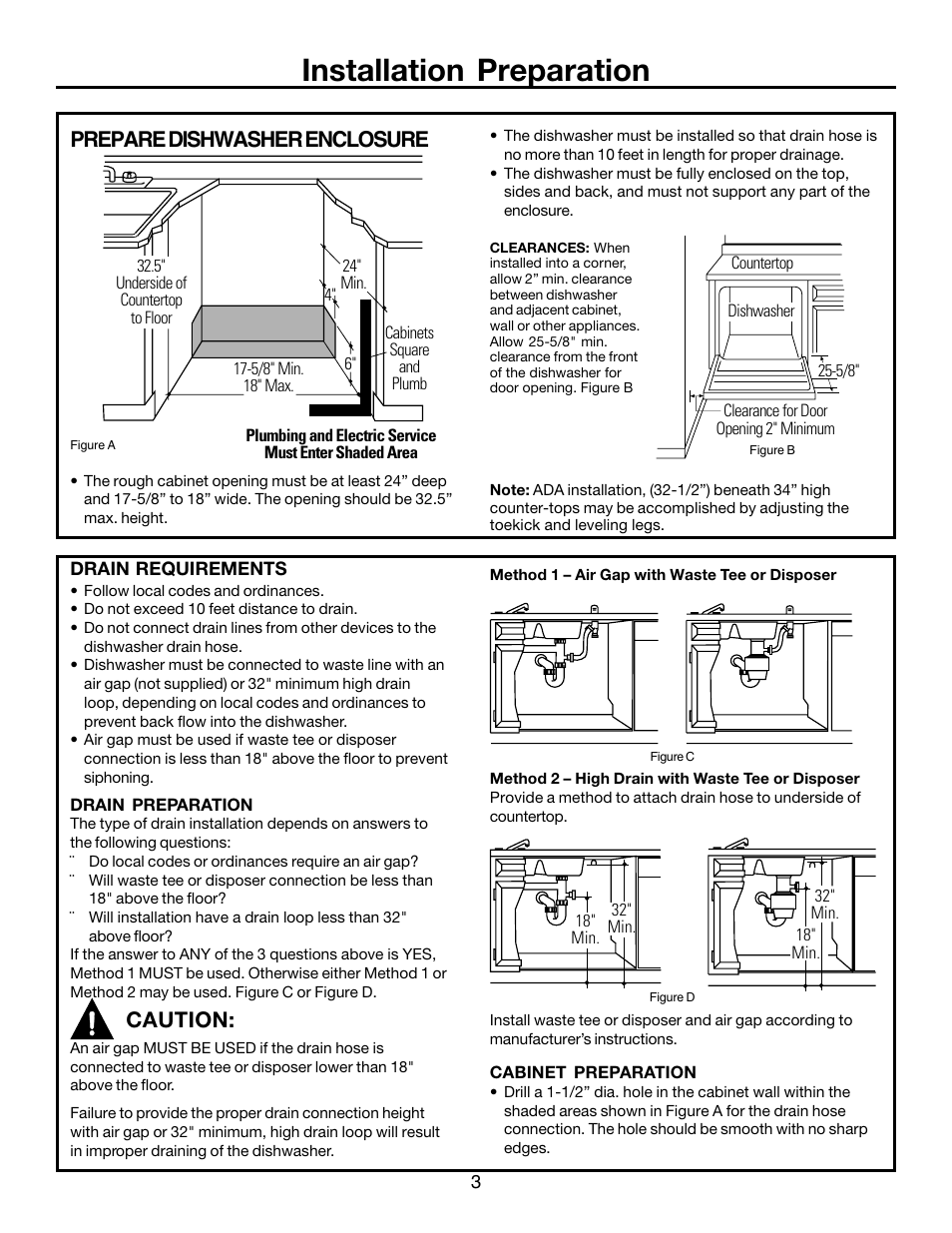 Installation preparation, Prepare dishwasher enclosure, Caution | FRIGIDAIRE FFBD1821MB User Manual | Page 3 / 12