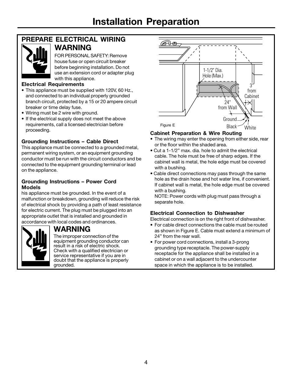 Installation preparation, Warning, Prepare electrical wiring | FRIGIDAIRE FFBD1821MB User Manual | Page 4 / 12