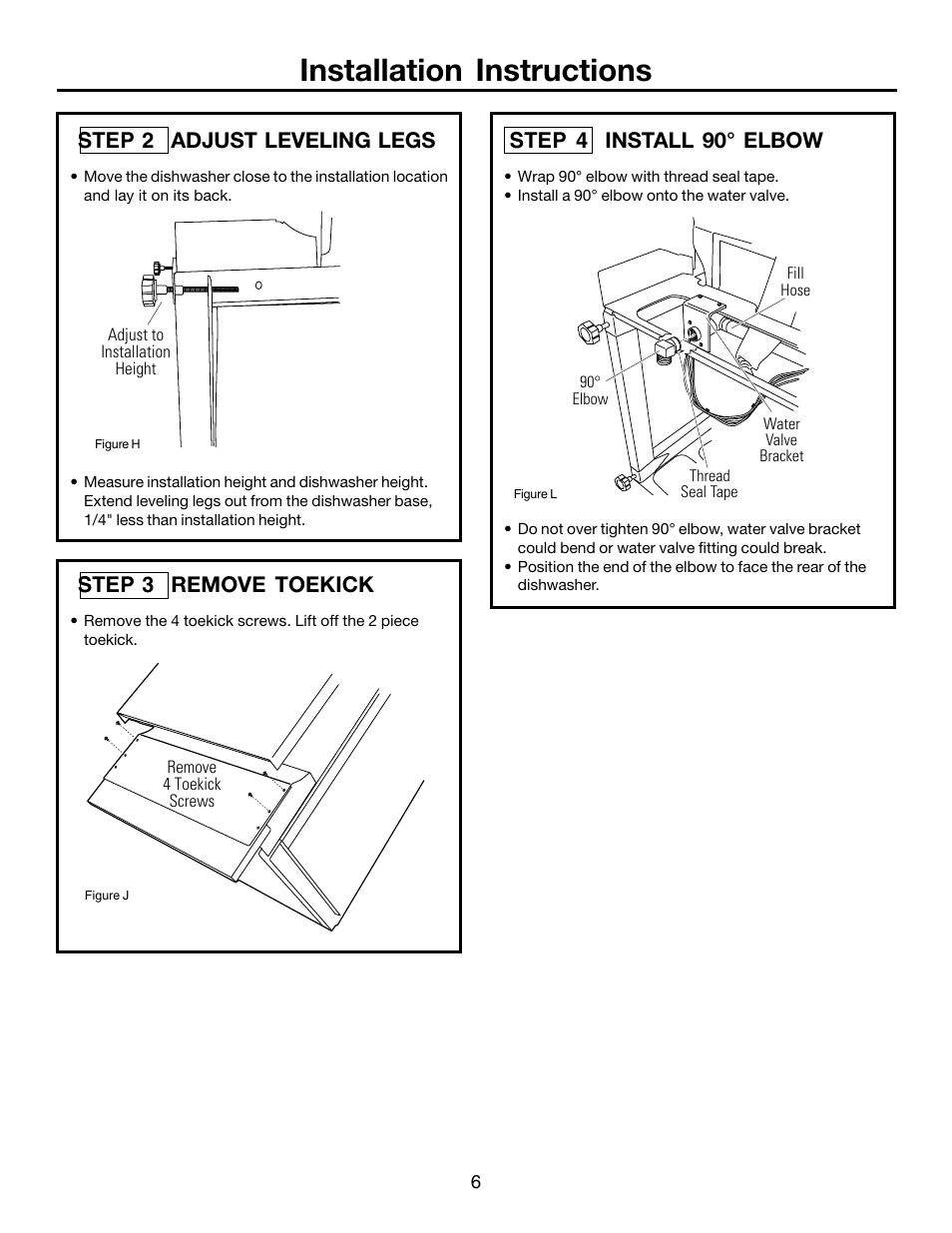 Installation instructions, Step 3 remove toekick, Step 2 adjust leveling legs | Step 4 install 90° elbow | FRIGIDAIRE FFBD1821MB User Manual | Page 6 / 12