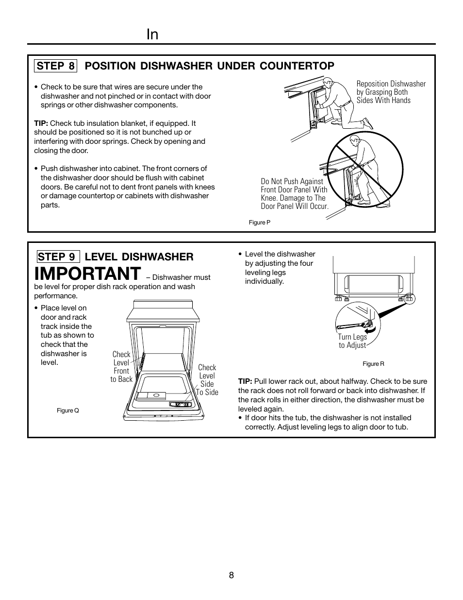 Important, Step 8 position dishwasher under countertop, Step 9 level dishwasher | FRIGIDAIRE FFBD1821MB User Manual | Page 8 / 12
