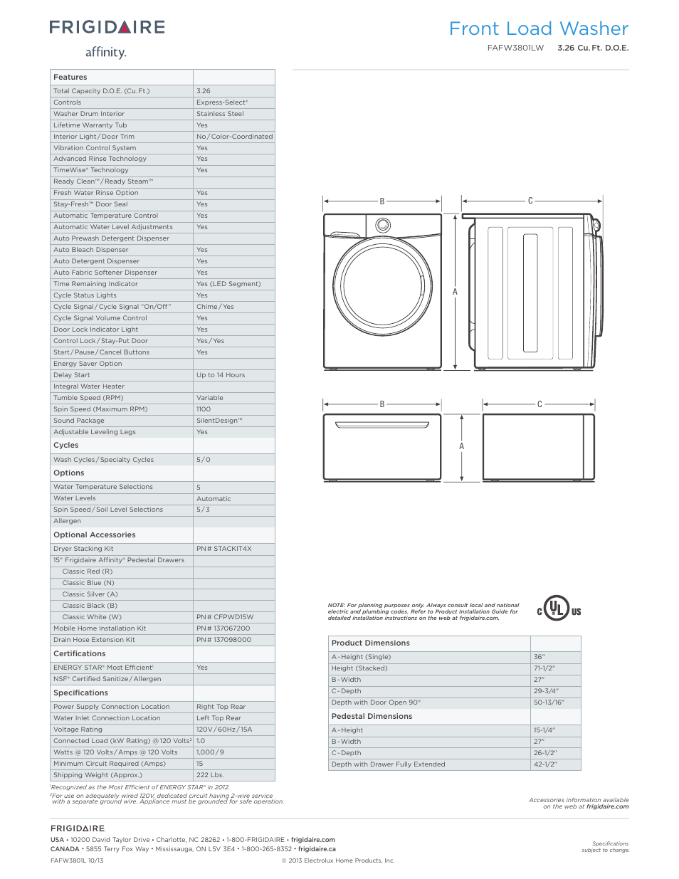 Front load washer | FRIGIDAIRE FAFW3801LW User Manual | Page 2 / 3