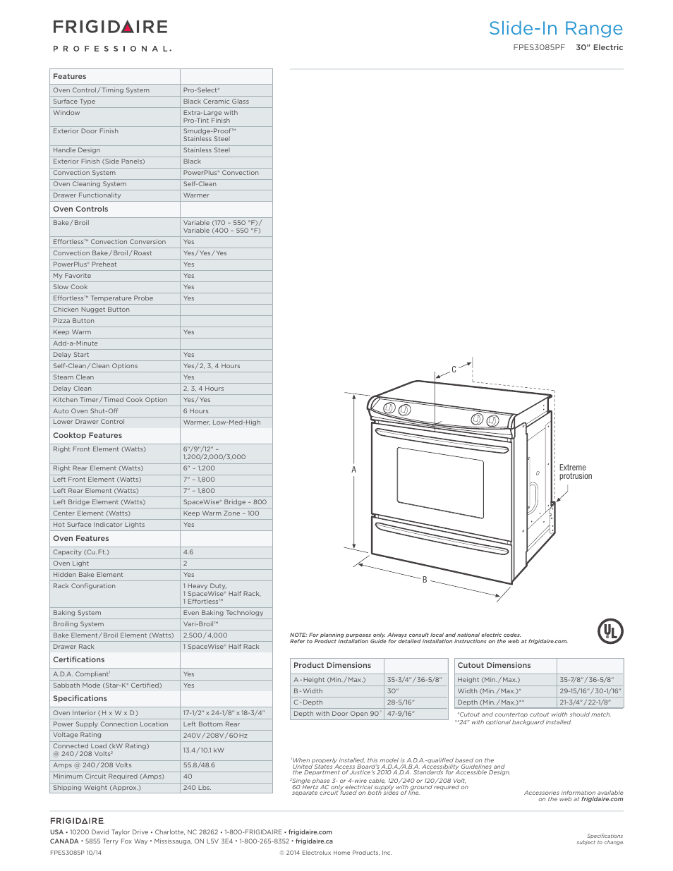 Slide-in electric ranges frigidaire baseline, Slide-in range | FRIGIDAIRE FPES3085PF User Manual | Page 2 / 7