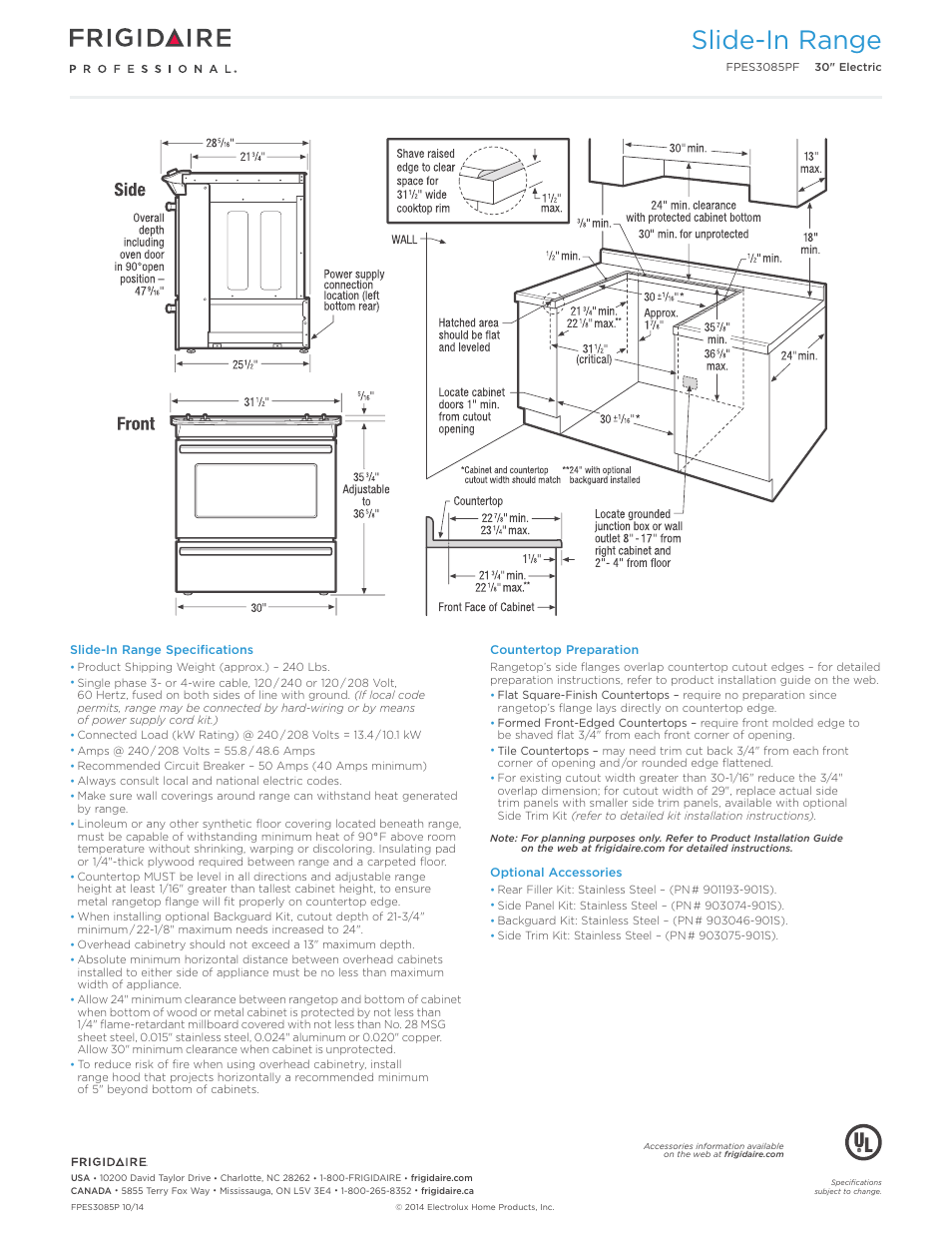 30" electric slide-in range professional, Slide-in range | FRIGIDAIRE FPES3085PF User Manual | Page 3 / 7