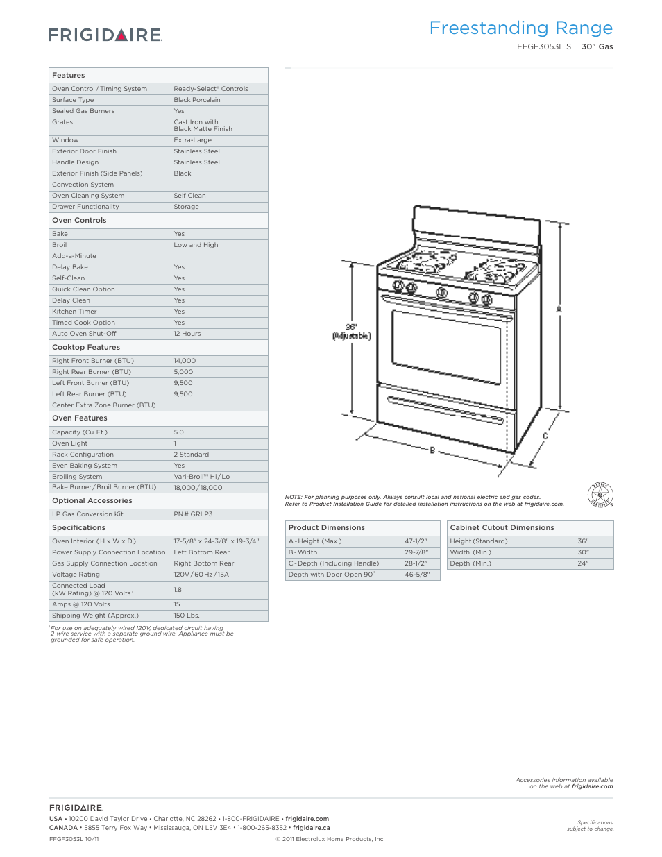 Freestanding range | FRIGIDAIRE FFGF3053LS User Manual | Page 2 / 7