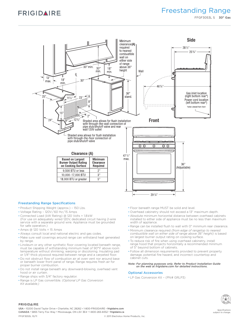 30" gas freestanding ranges gallery, Freestanding range | FRIGIDAIRE FFGF3053LS User Manual | Page 3 / 7