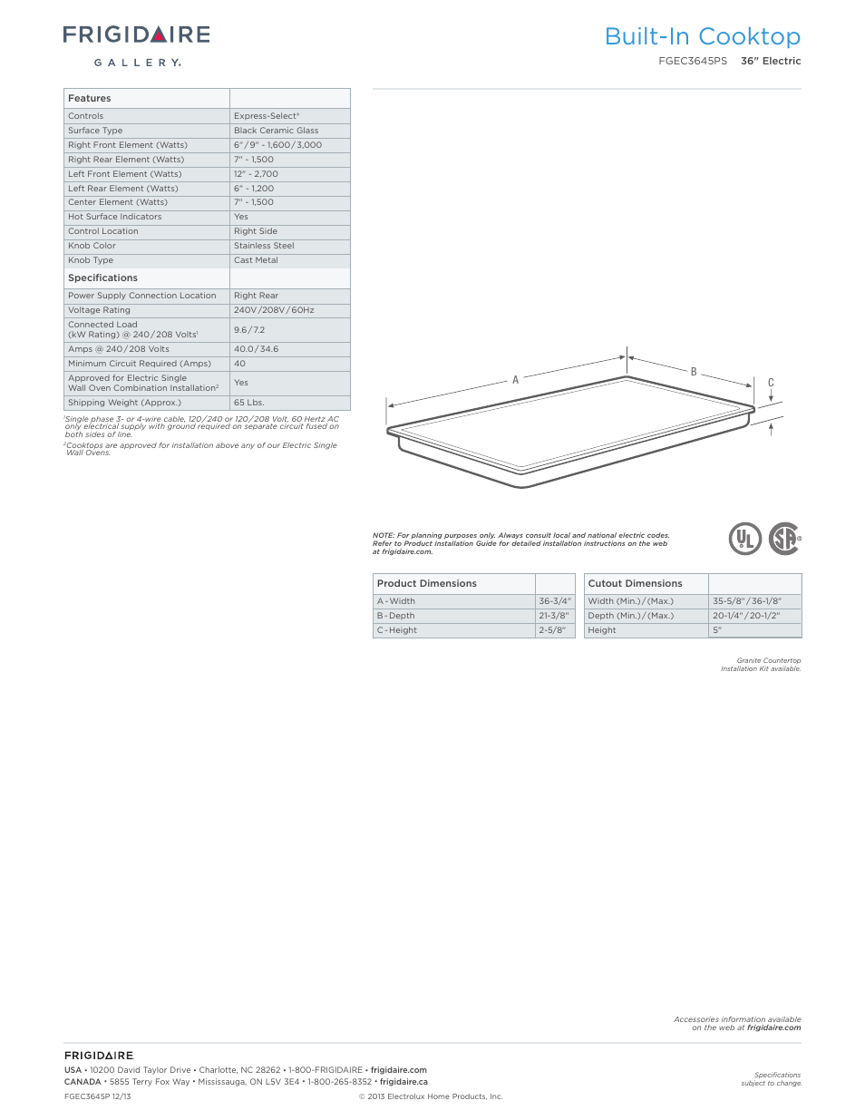 Drop-in electric cooktops frigidaire baseline, Built-in cooktop | FRIGIDAIRE FGEC3645PS User Manual | Page 2 / 5