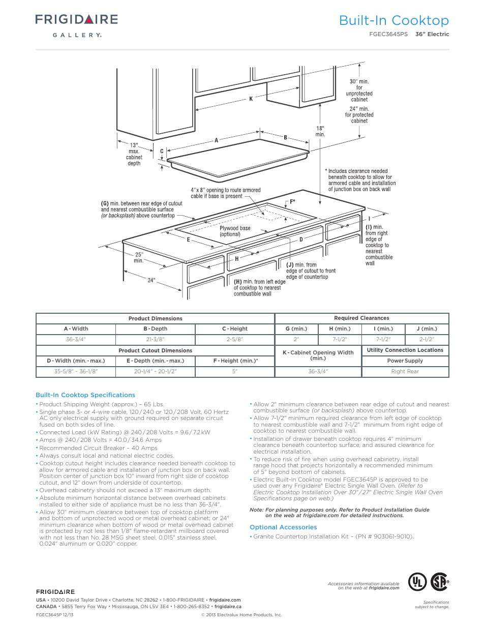 Drop-in induction / electric cooktops, Professional / gallery / baseline, Built-in cooktop | Callouts must be charted per individual model) | FRIGIDAIRE FGEC3645PS User Manual | Page 3 / 5