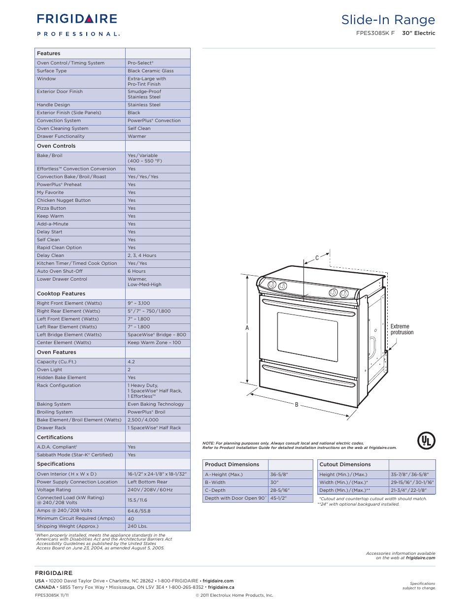 Slide-in electric ranges frigidaire baseline, Slide-in range | FRIGIDAIRE FPES3085KF User Manual | Page 2 / 5