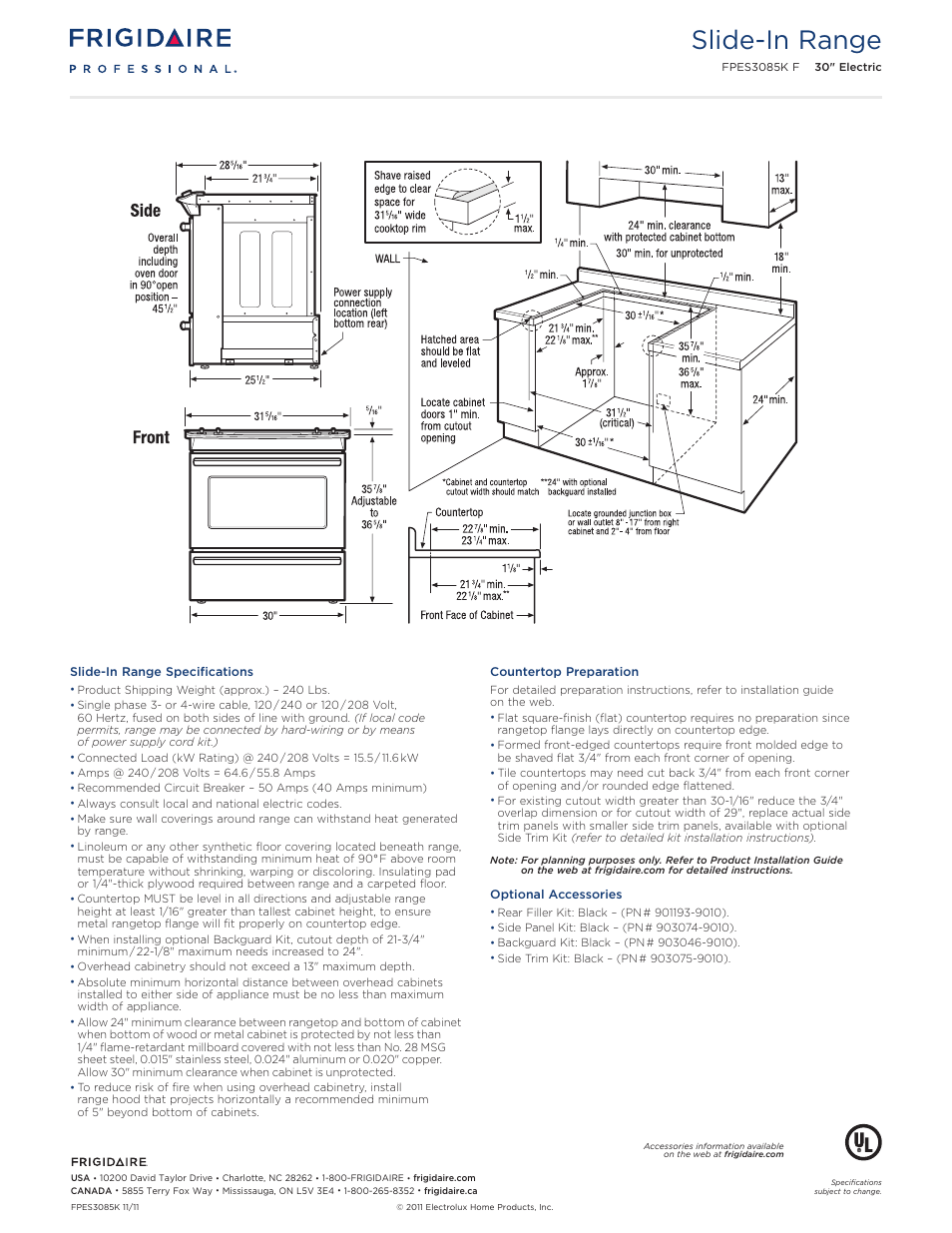 30" electric slide-in range professional, Slide-in range | FRIGIDAIRE FPES3085KF User Manual | Page 3 / 5