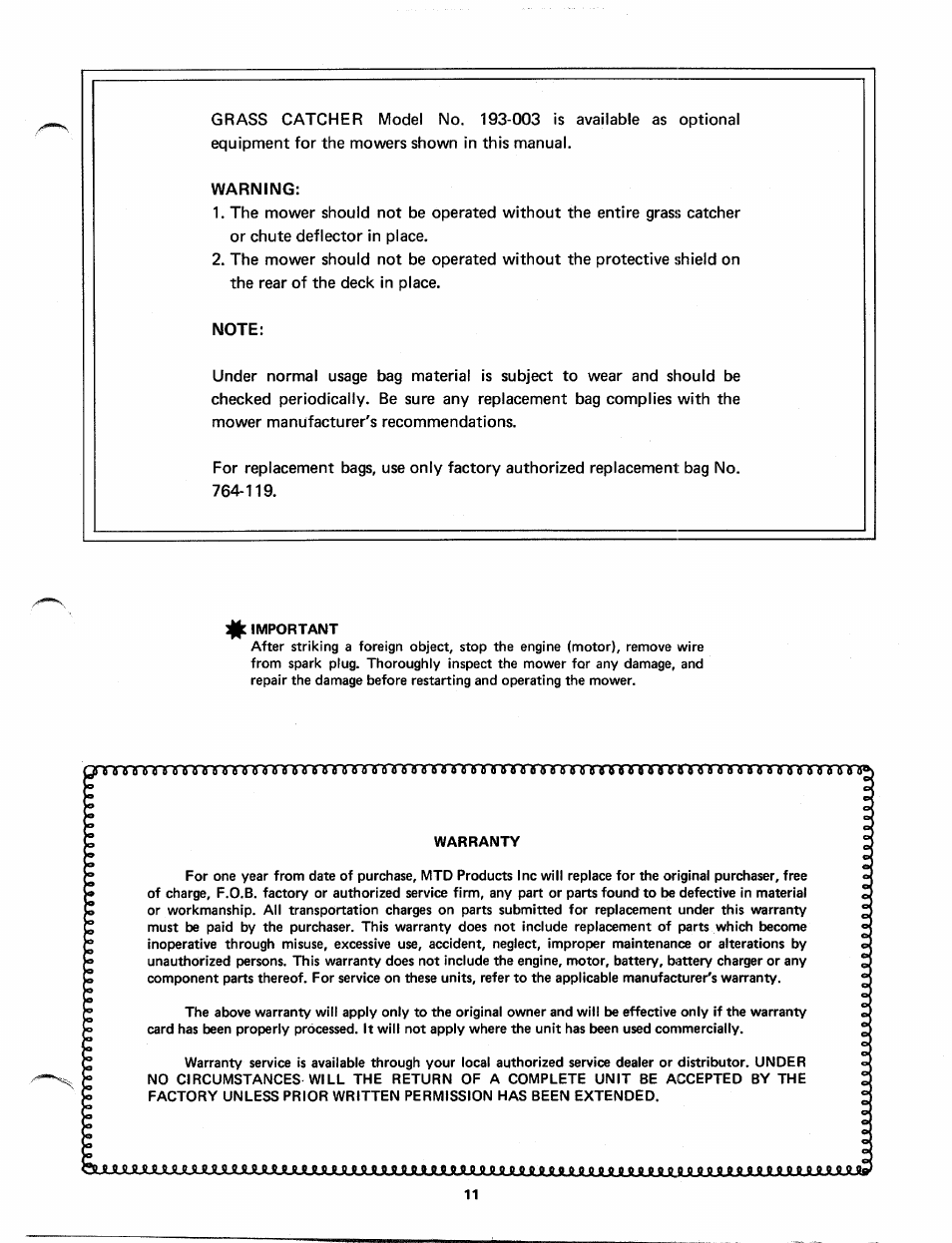 Warning, Note, Rrnrrrrirrrrrrrinrrrirriroxirrrirrttrrinnnnn | Bolens 113-530 A User Manual | Page 11 / 12