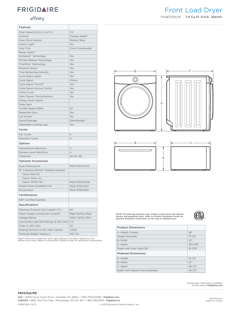 Front load dryer | FRIGIDAIRE FAQE7001LW User Manual | Page 2 / 3