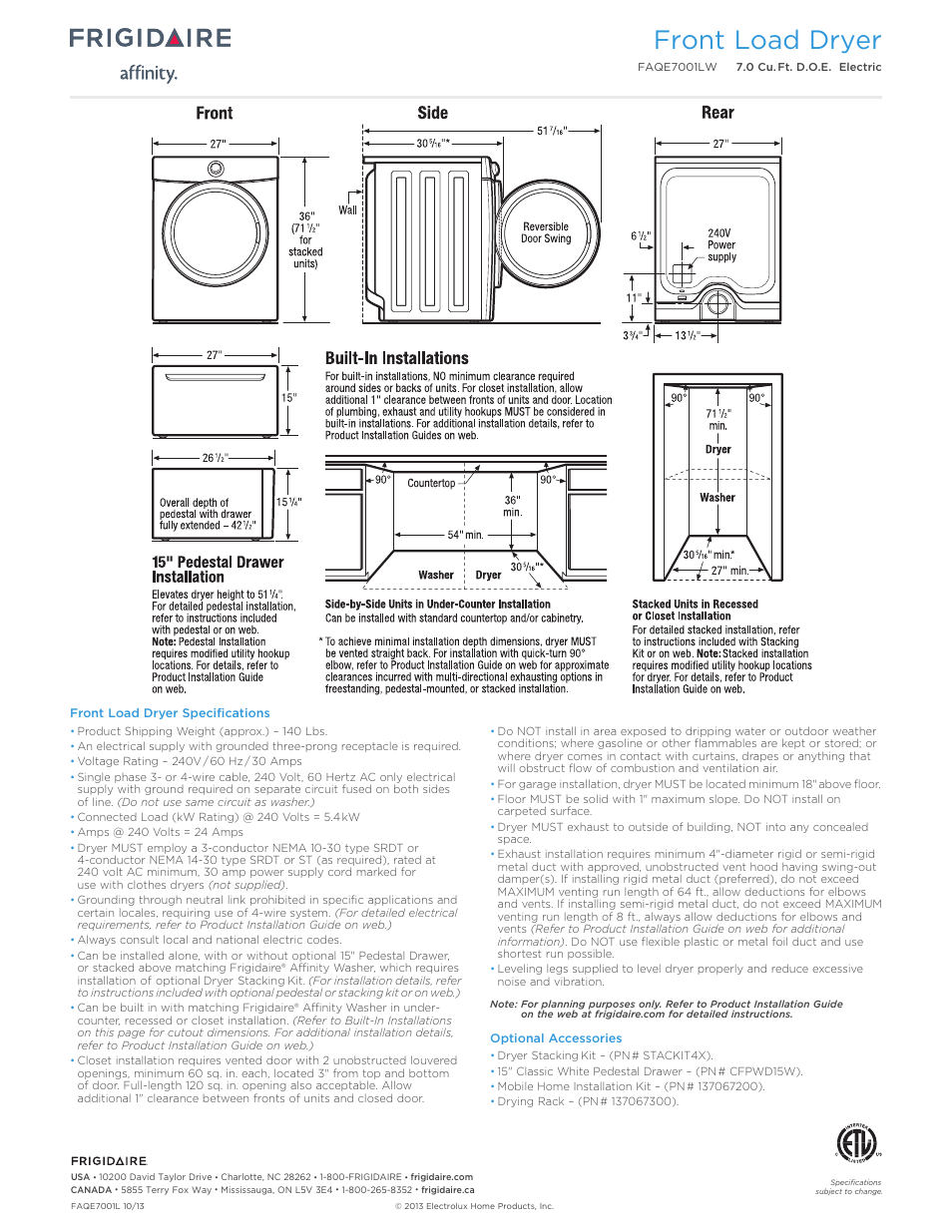 Front load dryer | FRIGIDAIRE FAQE7001LW User Manual | Page 3 / 3