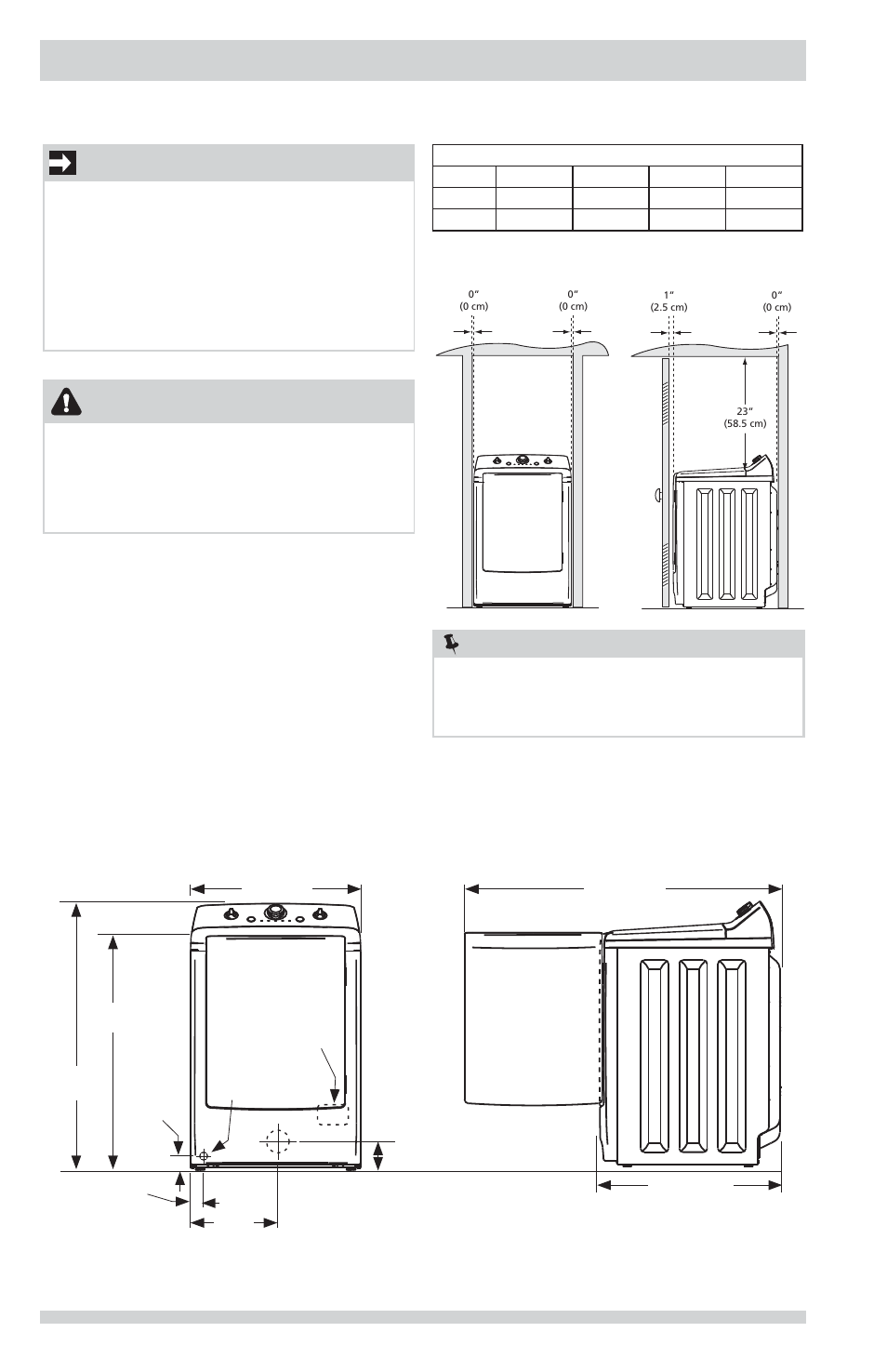Installation requirements, Important, Warning | Clearance requirements, Dryer dimensions | FRIGIDAIRE FFRG1001PW User Manual | Page 10 / 60