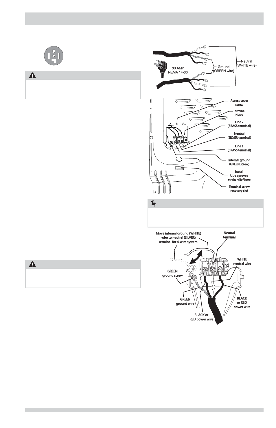 Installation instructions, Warning, Wire receptacle (nema type 14-30r) | Electrical connection (non-canada) - 4 wire cord | FRIGIDAIRE FFRG1001PW User Manual | Page 15 / 60