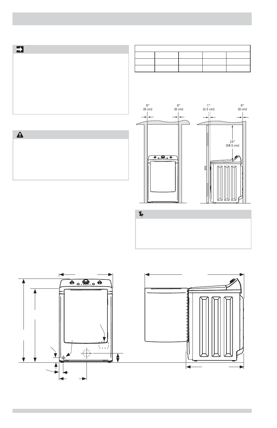 Exigences d’installation, Remarque, Important | Avertissement, Exigences de dégagement, Dimensions de sécheuse | FRIGIDAIRE FFRG1001PW User Manual | Page 30 / 60