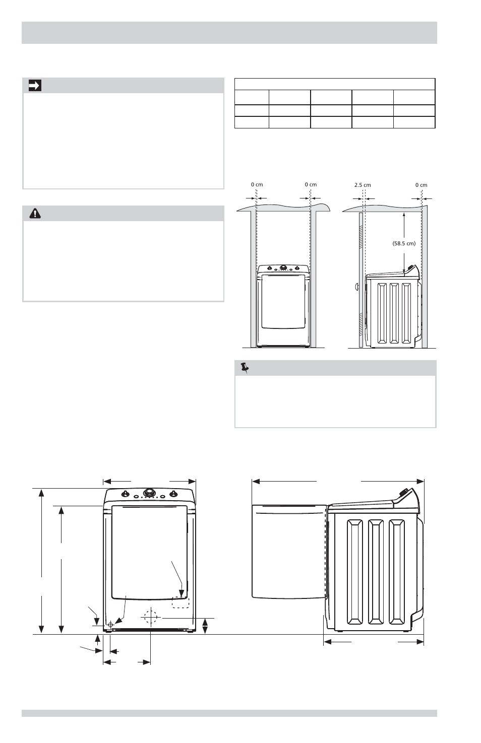 Requisitos de instalación, Nota, Advertencia | Importante, Requisitos de despeje, Dimensiones de la secadora | FRIGIDAIRE FFRG1001PW User Manual | Page 50 / 60