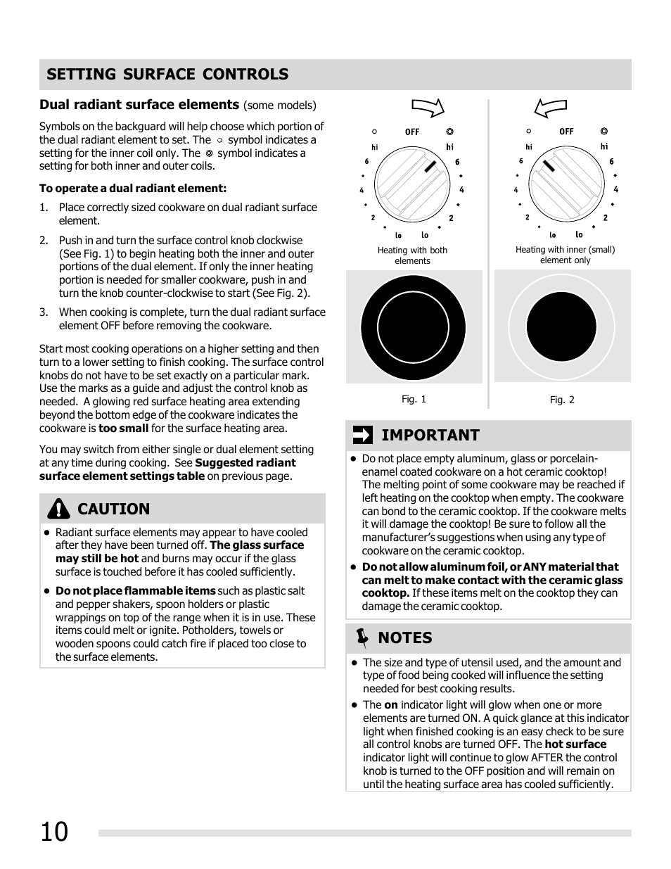 Caution, Setting surface controls, Important | FRIGIDAIRE FFEF3019MS User Manual | Page 10 / 32