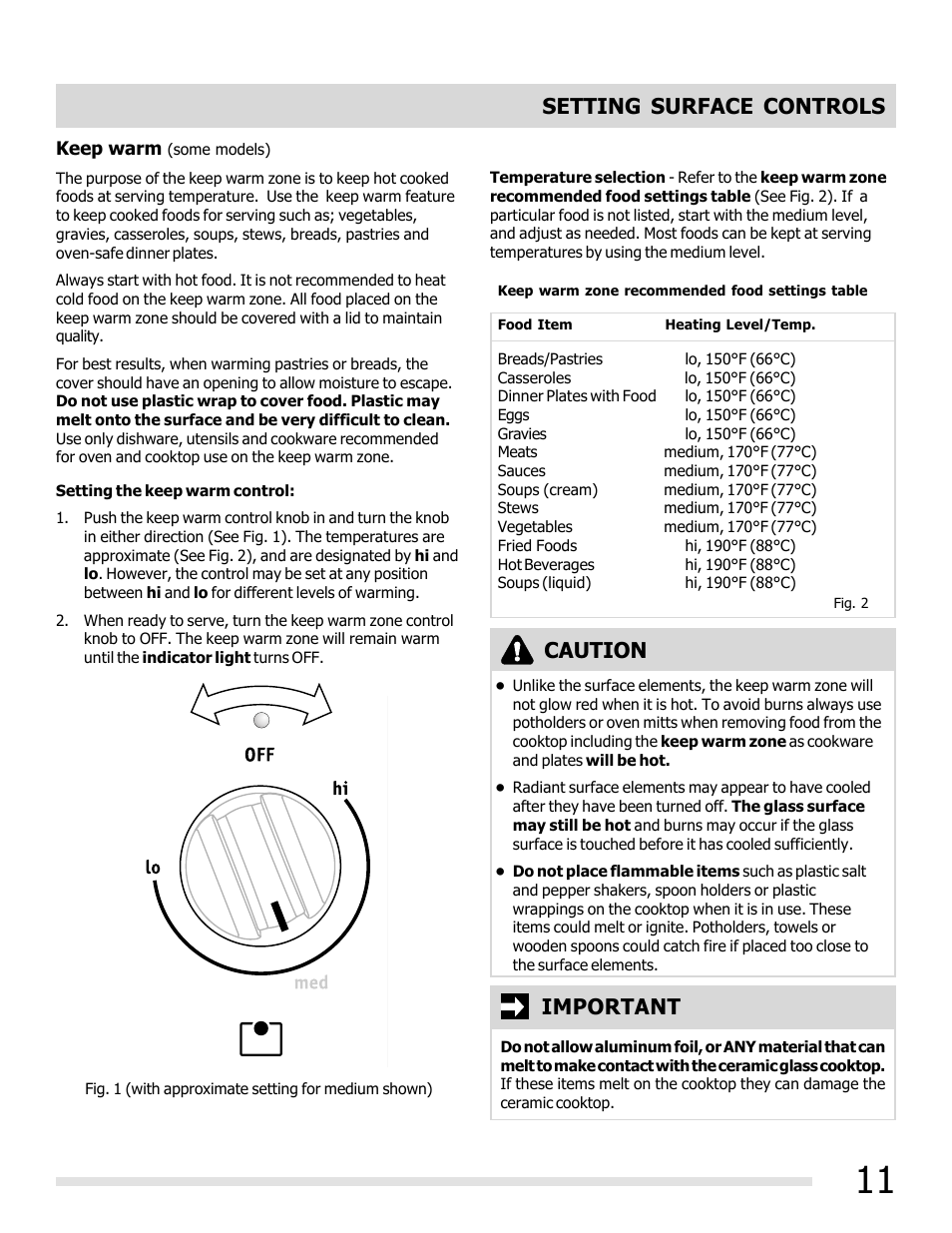 Setting surface controls caution, Important | FRIGIDAIRE FFEF3019MS User Manual | Page 11 / 32