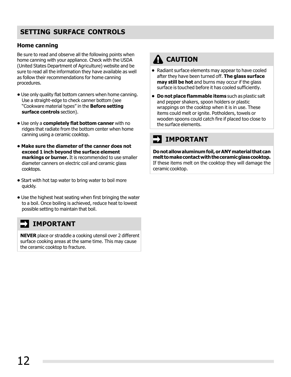 Setting surface controls, Caution, Important | FRIGIDAIRE FFEF3019MS User Manual | Page 12 / 32