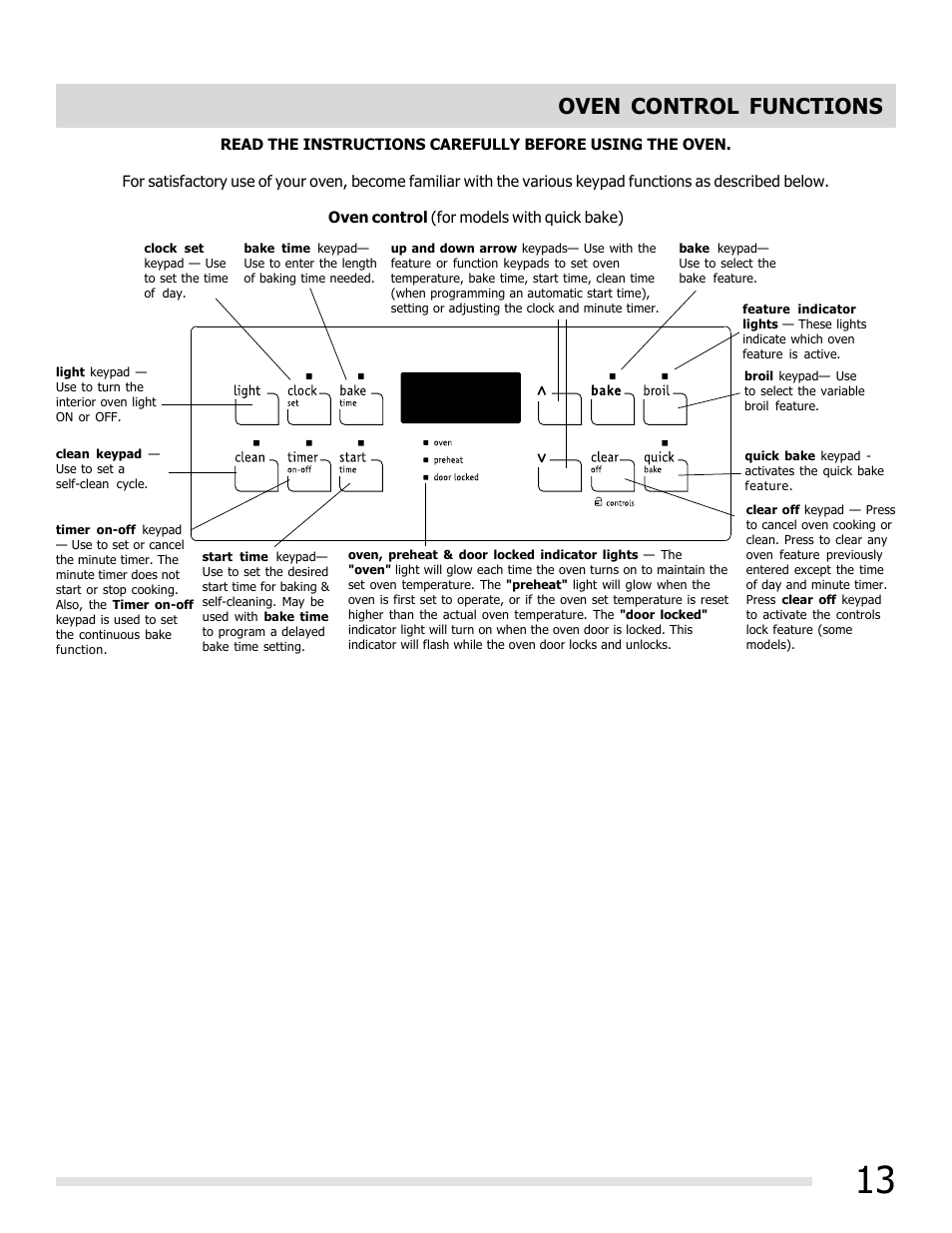 Oven control functions | FRIGIDAIRE FFEF3019MS User Manual | Page 13 / 32