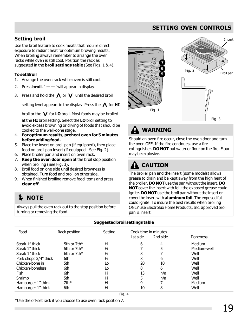 Setting oven controls, Caution, Warning | FRIGIDAIRE FFEF3019MS User Manual | Page 19 / 32