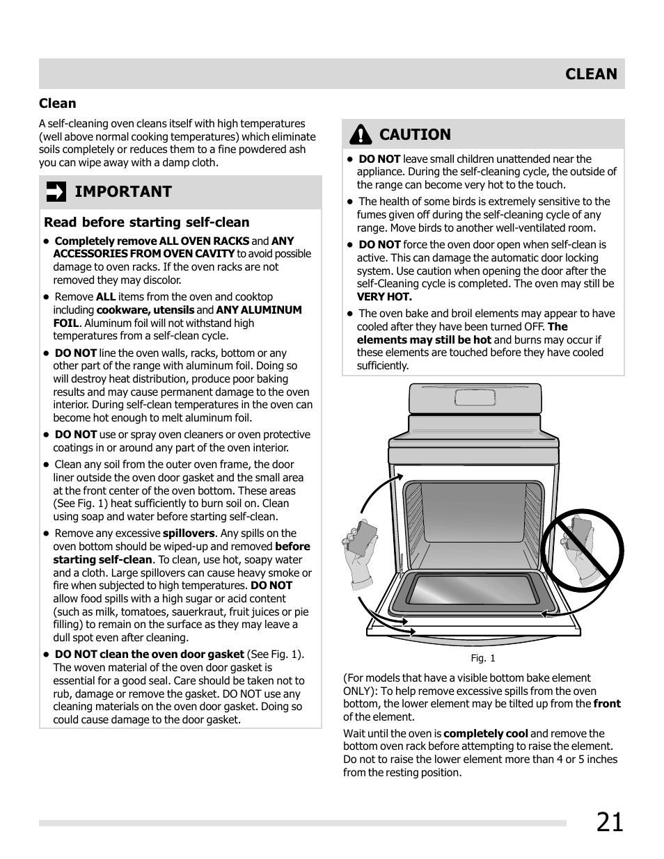 Clean, Important, Caution | FRIGIDAIRE FFEF3019MS User Manual | Page 21 / 32