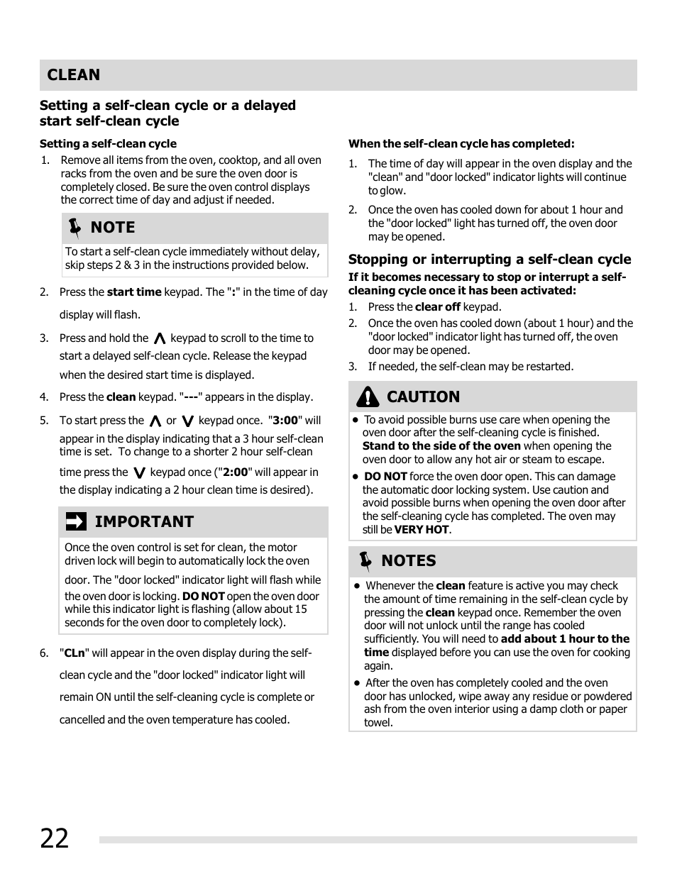 Clean, Important | FRIGIDAIRE FFEF3019MS User Manual | Page 22 / 32