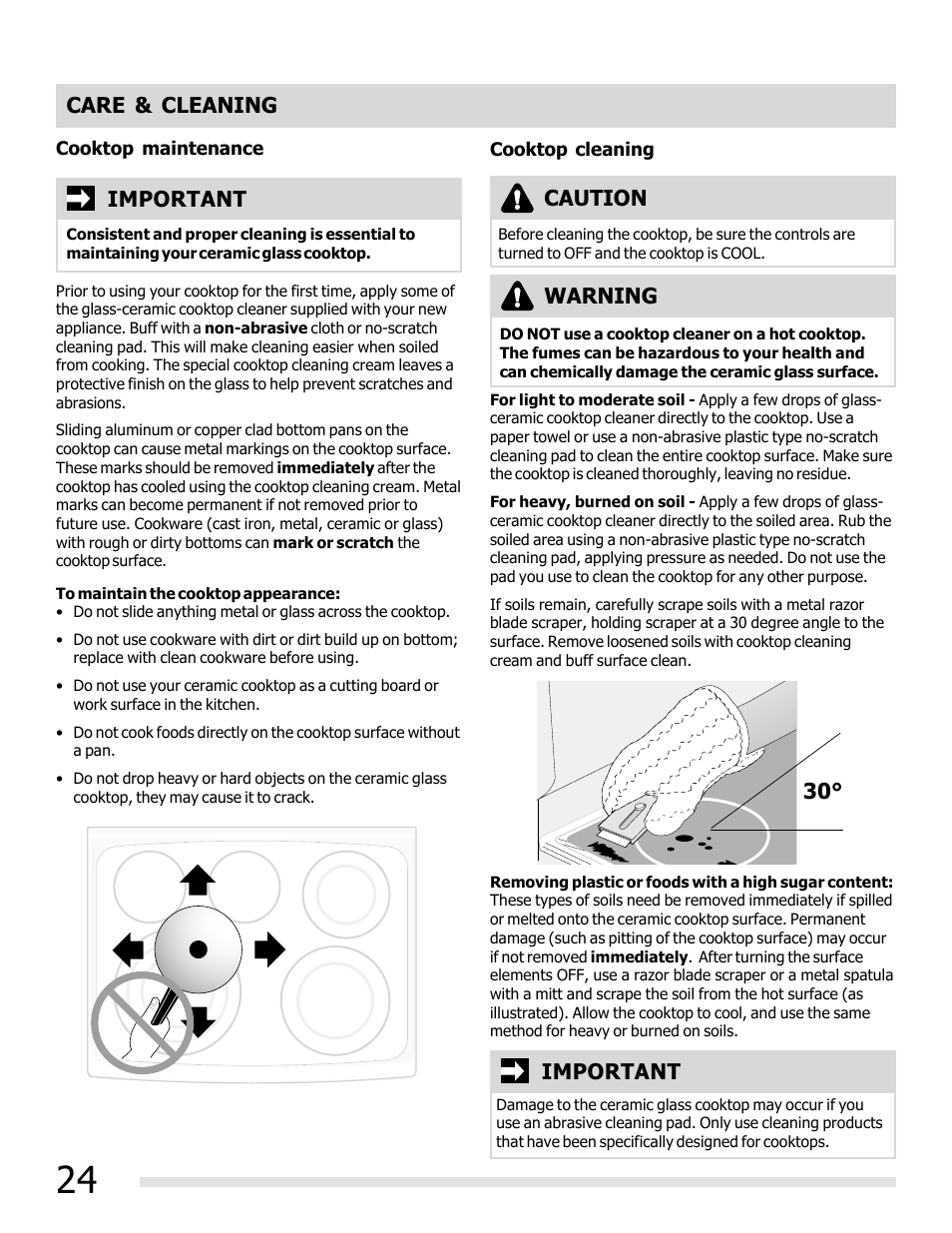 Important, Important caution care & cleaning 30, Warning | FRIGIDAIRE FFEF3019MS User Manual | Page 24 / 32