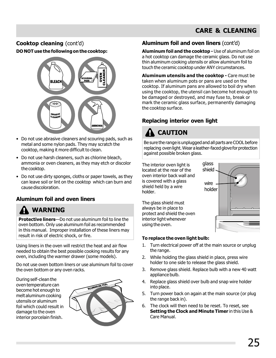 Care & cleaning, Caution, Warning | FRIGIDAIRE FFEF3019MS User Manual | Page 25 / 32