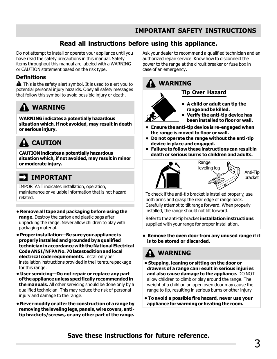 Read all instructions before using this appliance, Warning, Warning important | Caution | FRIGIDAIRE FFEF3019MS User Manual | Page 3 / 32