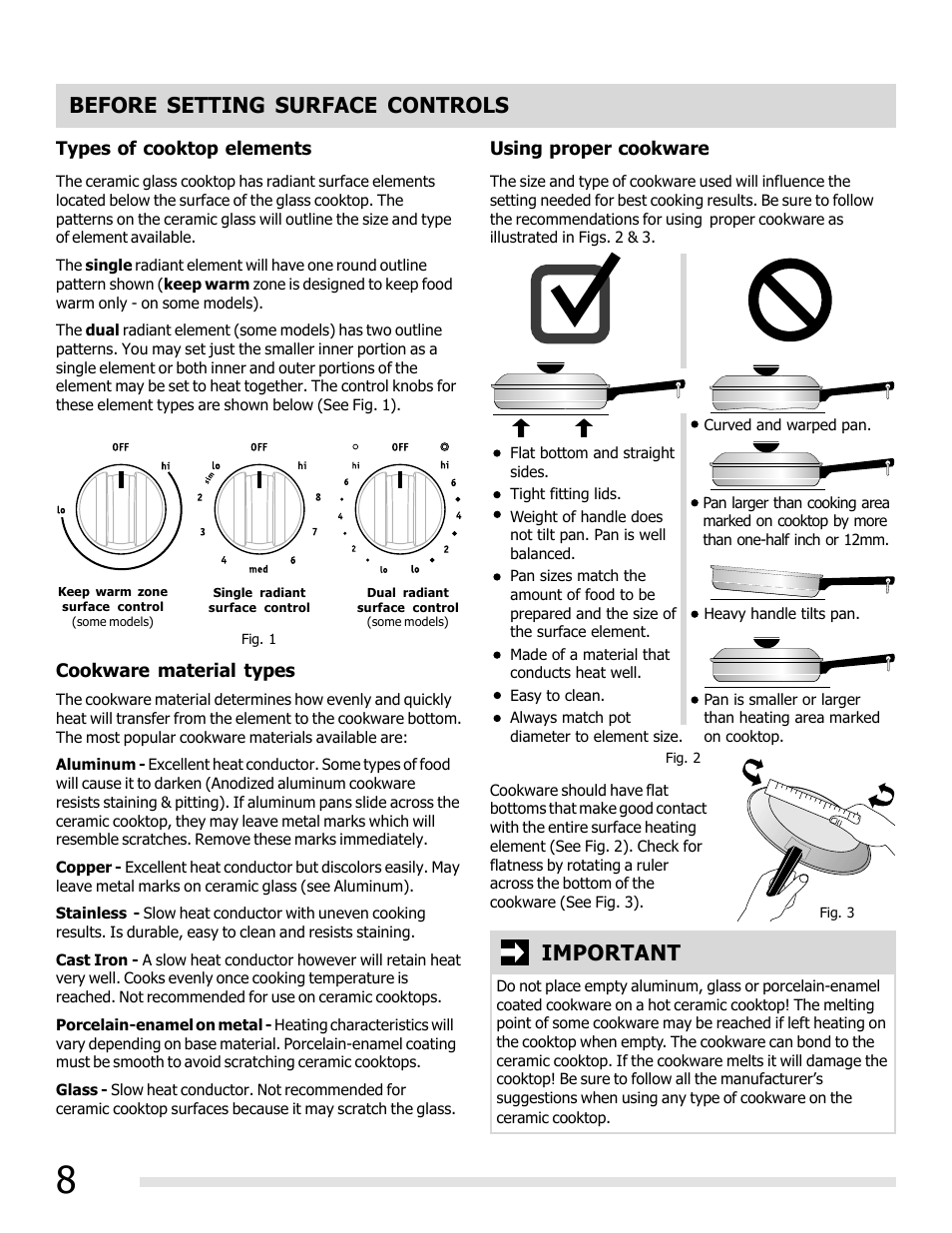 Before setting surface controls, Important | FRIGIDAIRE FFEF3019MS User Manual | Page 8 / 32
